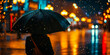 Compelling nightscape: Woman authentically embracing heavy rain with an umbrella. Dark cyan and amber hues evoke relatable emotions and environmental awareness