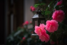 Pink Flower With Lantern. Generative AI