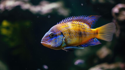 Close-up of a cichlid fish on a black background in an aquarium