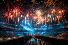 Dynamic Scene At The Opening Ceremony Of A Major International Sports Event, Showcasing A Spectacular Display Of Fireworks, Athletes Parading With Their National Flags, Sport Event