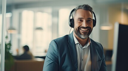 Call center workers. Smiling customer support operator with hands-free headset working in the office