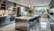 modern kitchen with sleek stainless steel appliances and a marble countertop