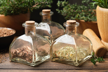 Wall Mural - Bottles of dry herbs for preparing healing infusions or tinctures. Medicinal plants on background. Alternative herbal medicine.