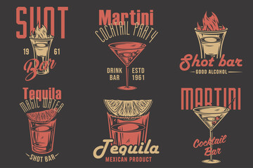 Tequila shot and martini vector set with lime and fire for alcohol cocktail bar or drink party. Vintage and retro emblem design collection for barman or bartender