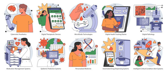 Medical innovation set. Interactive technologies enhancing healthcare. Integrating digital solutions for patient wellness. Advancements in medical care illustrated. Flat vector illustration.