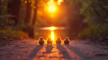 Golden Sunset On A Path With Four Birds Lined Up In Harmony