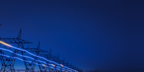 high voltage electric transmission tower with glowing current line, electrical power transmit throug