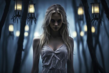 Wall Mural - A dark and evocative Halloween portrait of a woman with long blonde hair, capturing a horror theme in a vintage style.