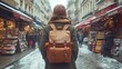 Female traveler exploring snowy city street with backpack