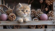 A Cute Kitten Peeks Out From Behind A Fence Surrounded By Pine Cones And Christmas Balls. High Quality Photo