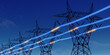 © ZETHA_WORK - High voltage electric transmission tower with glowing current line, electrical power transmit through wire to city and house at night, Renewable green energy grid infrastructure concept 3d rendering