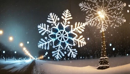 Sticker - snowflakes decorated on blurred background with night street light