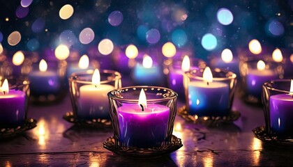 Wall Mural - candles with blue and purple flames dark background bokeh romantic background christmas or new year composition with burning candles in small glass candlesticks festive evening