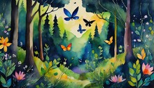 Magically Fantasy Forest With Butterflies 