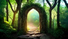 Magical Arch Portal Made With Tree Branches Door To Fantasy Dimension Digital Illustration