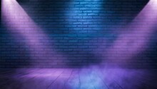 Brick Wall Texture Pattern Blue And Purple Background An Empty Dark Scene Laser Beams Neon Spotlights Reflection On The Floor And A Studio Room With Smoke Floating Up For Display Products
