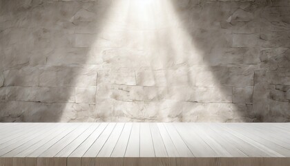 Wall Mural - a white plywood table top or a milky floor with a stone wall universal background with a beam of sunlight on it