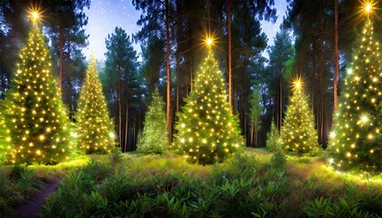 Canvas Print - magical forest with christmas trees and glowing lights