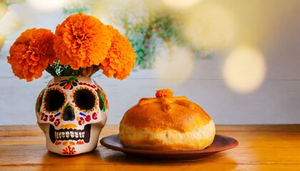 day of the dead dia de los muertos celebration background with marigolds or cempasuchil flowers in vase with skull bread of death or pan de muerto with copy space traditional mexican culture