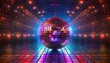 dance party background disco ball in neon lights on dance floor