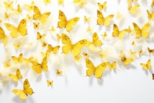  A Bunch Of Yellow Butterflies Flying In The Air With A White Wall In The Back Ground And A White Wall In The Back Ground.