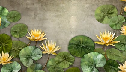Wall Mural - art painted leaves and water lilies on a textured background photo wallpaper for the interior