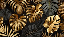 Tropical Leaves Gold And Black Dark Monstera Palm Graphic Design Creative Nature Background Minimal Summer Abstract Jungle Forest Pattern Luxury Exotic Botanical Design Cosmetics Illustration
