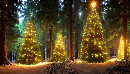 Sticker - magical forest with christmas trees and glowing lights