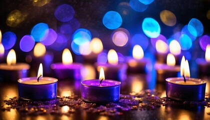 Wall Mural - candles with blue and purple flames dark background bokeh romantic background christmas or new year composition with burning candles in small glass candlesticks festive evening