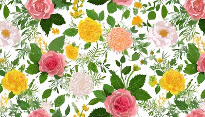 Wall Mural - botanical floral vector seamless pattern with roses herbs and leaves big set background with flowers