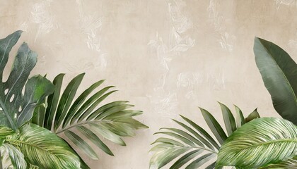 Wall Mural - tropical leaves on a light beige background with textural backgrounds photo wallpaper in the interior