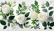 Set Of Floral Branch Flower White Rose Green Leaves Wedding Concept Floral Poster Invite Vector Arrangements For Greeting Card Or Invitation Design Background