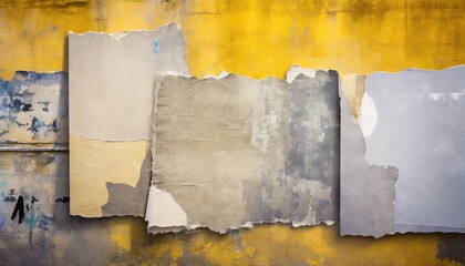 Wall Mural - torn ripped aged gray paper posters on dirty yellow urban street wall surface grunge rough dirty background distress texture for mixed media collage