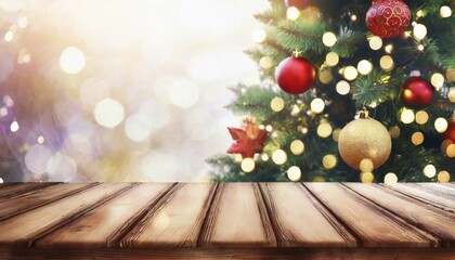 Wall Mural - merry christmas and happy new year background with empty wooden table over christmas tree and blurred light bokeh empty display for product placement rustic vintage xmas 2024 background comeliness
