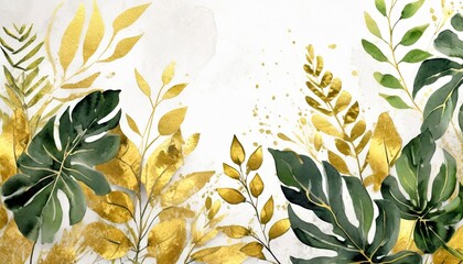 watercolor and gold leaves herbal illustration botanic tropic composition exotic modern design