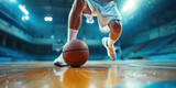 Fototapeta Natura - Dynamic Basketball Court Action Close-Up. Basketball player male legs in white shoes and the ball on a hardwood court, capturing the motion and energy of the game.