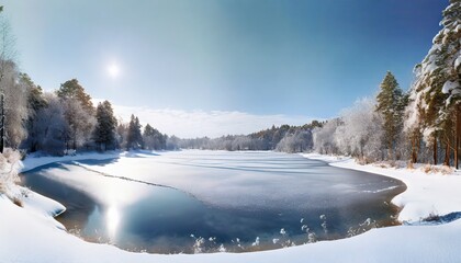 Wall Mural - frozen lake and snow covered forest