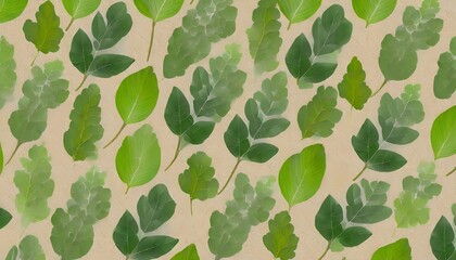 Wall Mural - various green leaves on a beige background widefoliage textured pattern for backdrops