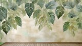 Fototapeta  - topical leaves hanging from the top large leaves art drawing on a texture background photo wallpaper in the room