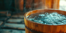 Traditional Wooden Sauna Bucket Closeup, Copy Space. Detail Of A Wooden Bucket Filled With Water In A Rustic Sauna Atmosphere.