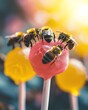 macro photo of a colorful ball shaped lollipop with some bees landing on it