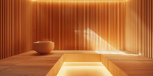 Warm Empty Wooden Sauna Interior. Detail Of A Sauna's Wooden Benches And Wall, Illuminated By Soft Light, With A Shallow Depth Of Field.