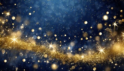 Sticker - abstract background with dark blue and gold particle new year christmas background with gold stars and sparkling christmas golden light shine particles bokeh on navy background gold foil texture