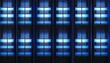 seamless skyscraper facade with blue tinted windows and blinds at night modern abstract office building background texture with glowing lights against dark black exterior walls 3d rendering
