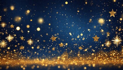 Sticker - abstract background with gold stars particles and sparkling on navy blue christmas golden light shine particles bokeh on navy blue background 2024 new year background gold foil texture