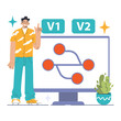 Version Control concept. Trendy developer showcasing progression from V1 to V2 on a monitor, highlighting software updates. Seamless project revisions. Flat vector illustration