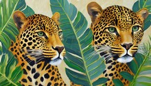Leopards In Tropical Leaves Art Drawing In The Style Of Oil Paints On A Textured Background Photo Wallpaper