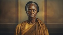 Photorealistic Old Black Woman With Brown Straight Hair Retro Illustration. Portrait Of A Person In Ancient Aesthetics. Historic Movie Style Ai Generated Horizontal Illustration.