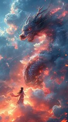 Canvas Print - A woman flying through a cloudy sky next to a dragon