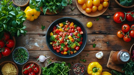 Wall Mural - A wooden table topped with lots of different types of vegetables